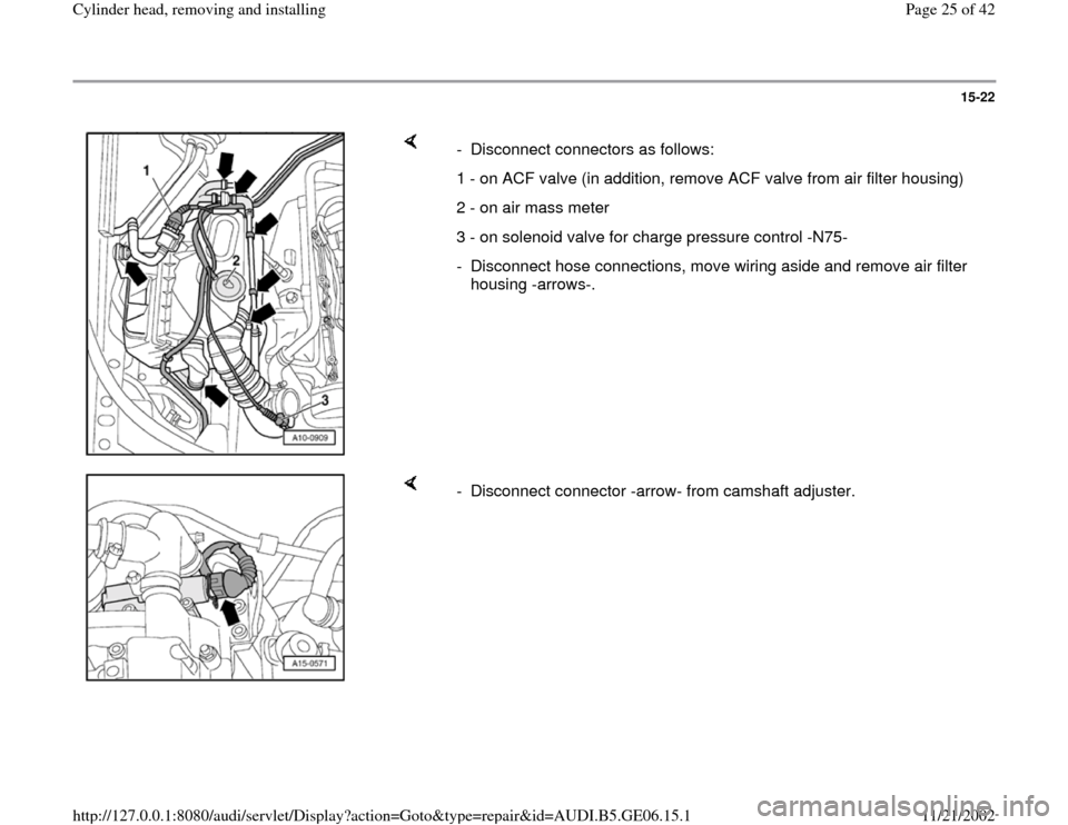 AUDI A4 1997 B5 / 1.G AWM Engine Cylinder Head Remove And Install Workshop Manual 15-22
 
    
-  Disconnect connectors as follows:
1 - on ACF valve (in addition, remove ACF valve from air filter housing)
2 - on air mass meter
3 - on solenoid valve for charge pressure control -N75-