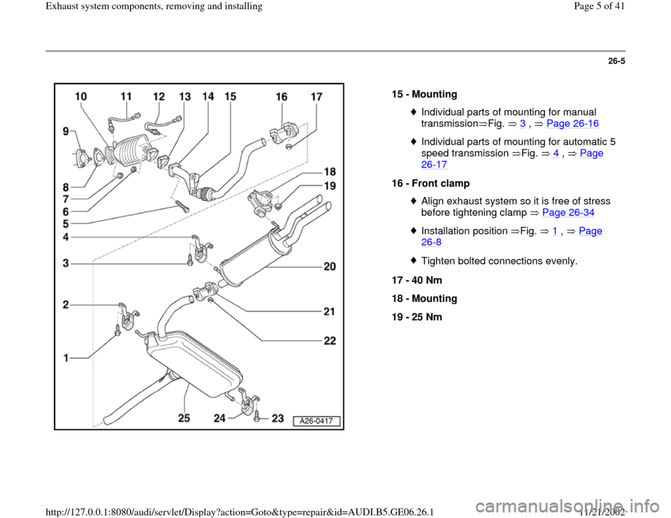 AUDI A4 1997 B5 / 1.G AWM Engine Exhaust System Components Workshop Manual 26-5
 
  
15 - 
Mounting 
Individual parts of mounting for manual 
transmission Fig.  3
 ,   Page 26
-16
 
Individual parts of mounting for automatic 5 
speed transmission Fig.  4
 ,   Page 
26
-17
 
