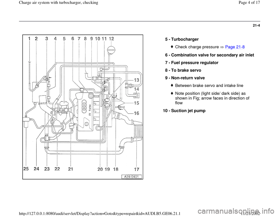 AUDI A4 1997 B5 / 1.G AWM Engine Charge Air Syst 21-4
 
  
5 - 
Turbocharger 
Check charge pressure   Page 21
-8
6 - 
Combination valve for secondary air inlet 
7 - 
Fuel pressure regulator 
8 - 
To brake servo 
9 - 
Non-return valve 
Between brake 