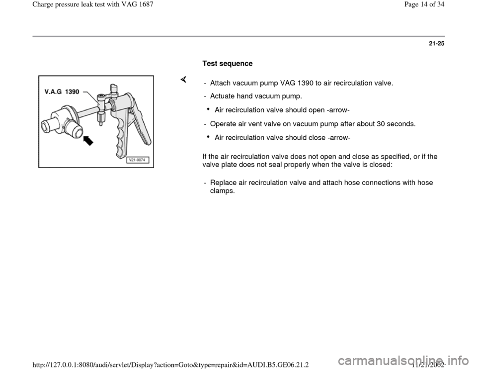 AUDI A4 1997 B5 / 1.G AWM Engine Charge Pressure Leak Test Workshop Manual 21-25
      
Test sequence  
    
If the air recirculation valve does not open and close as specified, or if the 
valve plate does not seal properly when the valve is closed:  -  Attach vacuum pump VA