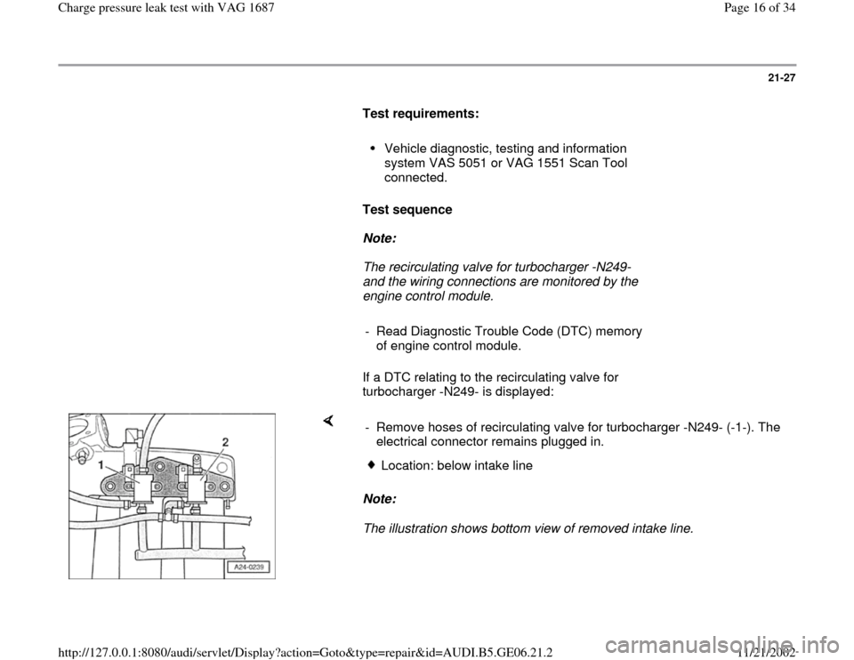 AUDI A4 1997 B5 / 1.G AWM Engine Charge Pressure Leak Test Workshop Manual 21-27
      
Test requirements:  
     
Vehicle diagnostic, testing and information 
system VAS 5051 or VAG 1551 Scan Tool 
connected. 
     
Test sequence  
     
Note:  
     The recirculating valve