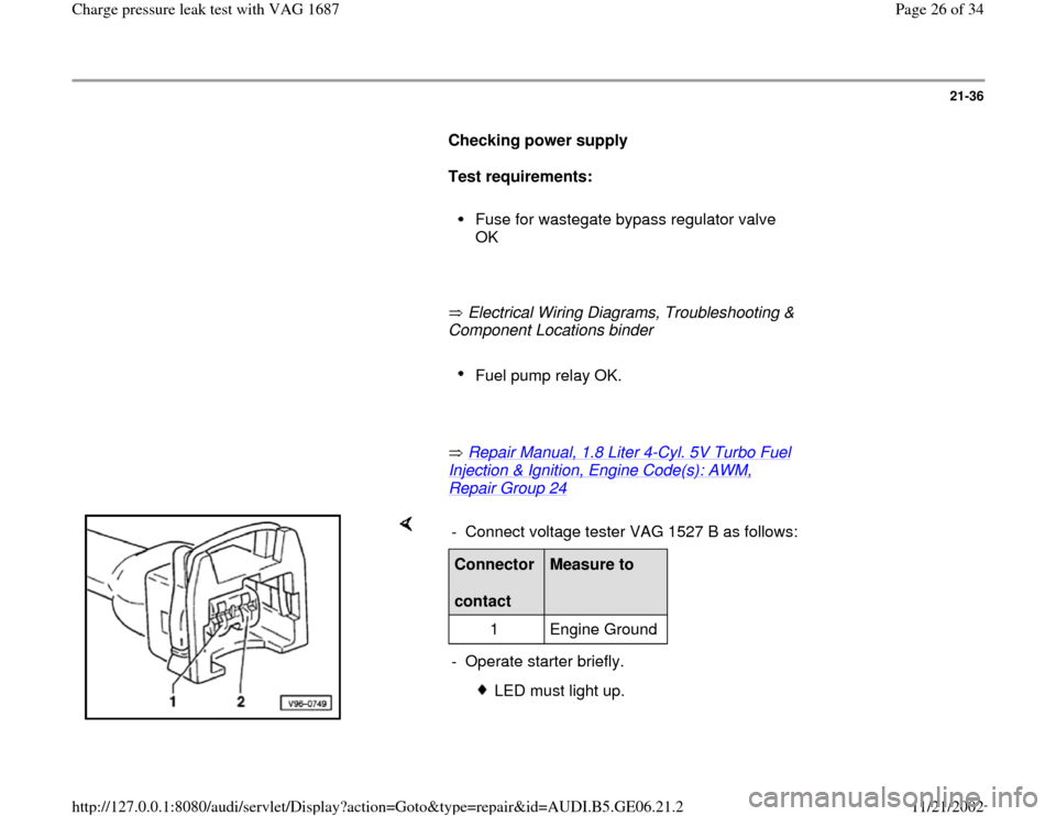 AUDI A4 1997 B5 / 1.G AWM Engine Charge Pressure Leak Test Workshop Manual 21-36
      
Checking power supply  
     
Test requirements:  
     
Fuse for wastegate bypass regulator valve 
OK 
     
       Electrical Wiring Diagrams, Troubleshooting & 
Component Locations bin