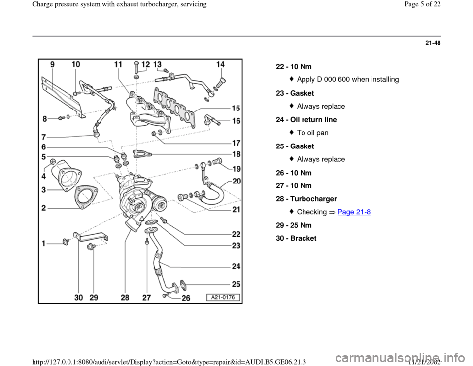 AUDI A4 1997 B5 / 1.G AWM Engine Charge Pressure System With Exhaust Turbocharger Workshop Manual 21-48
 
  
22 - 
10 Nm 
Apply D 000 600 when installing
23 - 
Gasket Always replace
24 - 
Oil return line To oil pan
25 - 
Gasket Always replace
26 - 
10 Nm 
27 - 
10 Nm 
28 - 
Turbocharger Checking  