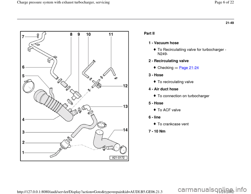 AUDI A4 1997 B5 / 1.G AWM Engine Charge Pressure System With Exhaust Turbocharger Workshop Manual 21-49
 
  
Part II  
1 - 
Vacuum hose 
To Recirculatiing valve for turbocharger -
N249- 
2 - 
Recirculating valve Checking  Page 21
-24
3 - 
Hose 
To recirculating valve
4 - 
Air duct hose To connecti