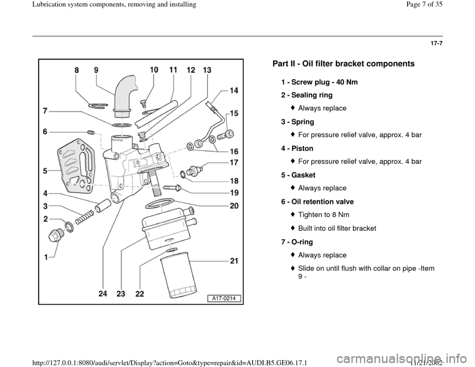 AUDI A4 1997 B5 / 1.G AWM Engine Lubrication System Components Workshop Manual 17-7
 
  
Part II - Oil filter bracket components
 
1 - 
Screw plug - 40 Nm 
2 - 
Sealing ring 
Always replace
3 - 
Spring For pressure relief valve, approx. 4 bar
4 - 
Piston For pressure relief valv