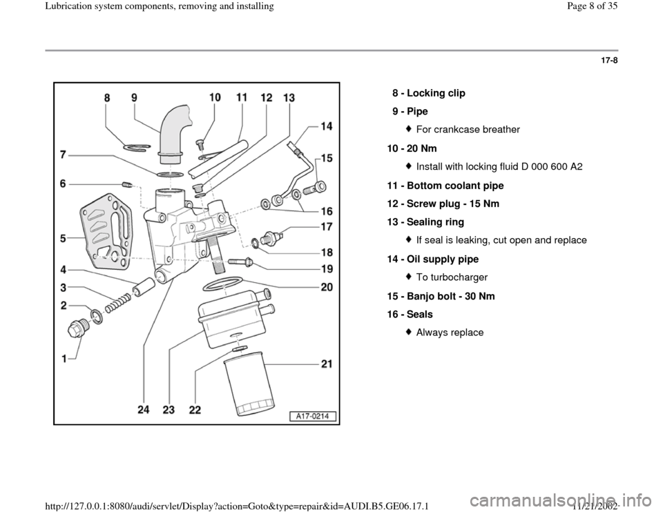 AUDI A4 1997 B5 / 1.G AWM Engine Lubrication System Components Workshop Manual 17-8
 
  
8 - 
Locking clip 
9 - 
Pipe 
For crankcase breather
10 - 
20 Nm Install with locking fluid D 000 600 A2
11 - 
Bottom coolant pipe 
12 - 
Screw plug - 15 Nm 
13 - 
Sealing ring If seal is le
