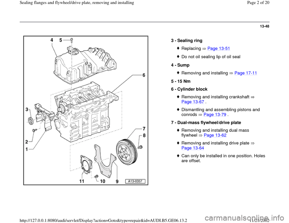 AUDI A4 1997 B5 / 1.G AWM Engine Sealing Flanfes And Flywheel Drive Plate Workshop Manual 13-48
 
  
3 - 
Sealing ring 
Replacing  Page 13
-51
Do not oil sealing lip of oil seal
4 - 
Sump Removing and installing   Page 17
-11
5 - 
15 Nm 
6 - 
Cylinder block 
Removing and installing cranksh