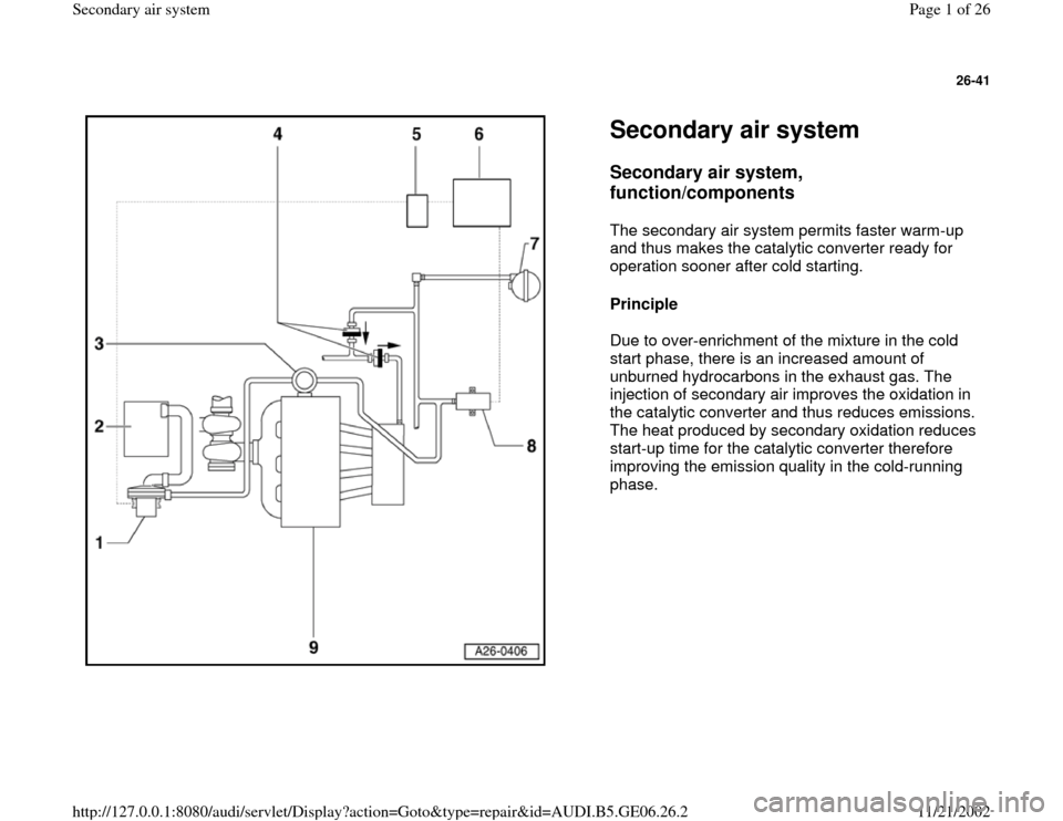 AUDI A4 1997 B5 / 1.G AWM Engine Secondary Air System Workshop Manual 26-41
 
  
Secondary air system Secondary air system, 
function/components
 
The secondary air system permits faster warm-up 
and thus makes the catalytic converter ready for 
operation sooner after c