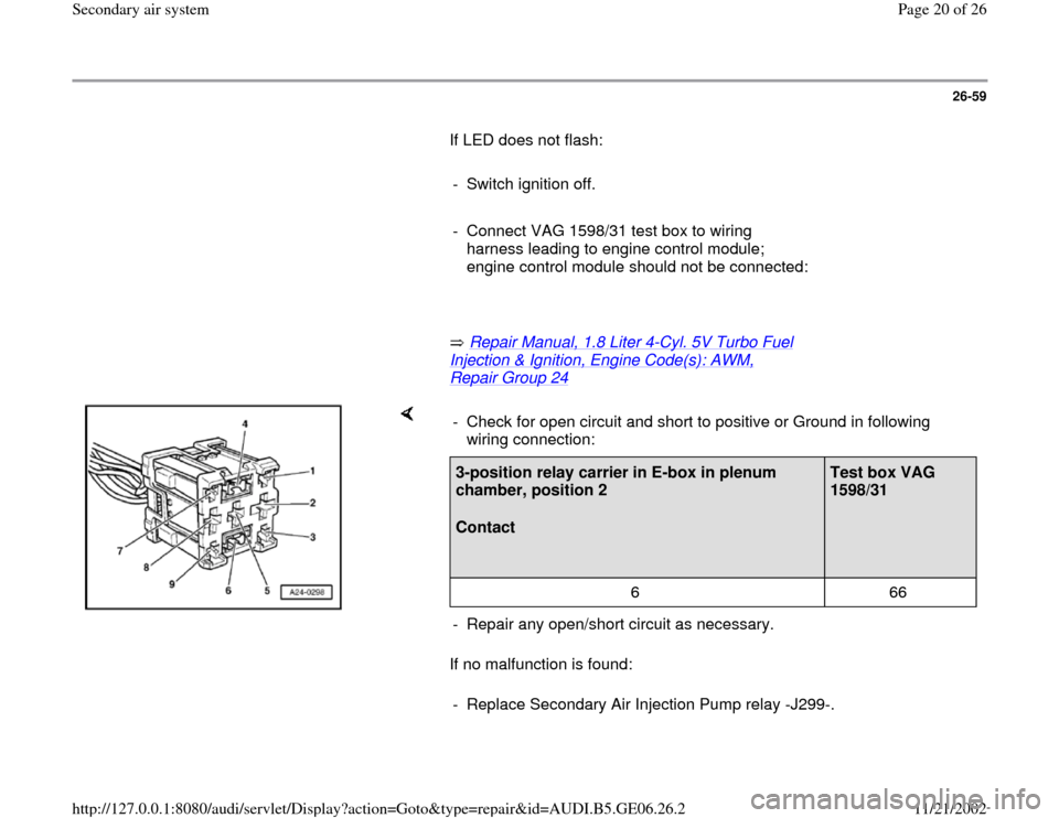 AUDI A4 1996 B5 / 1.G AWM Engine Secondary Air System Workshop Manual 26-59
       If LED does not flash:  
     
-  Switch ignition off.
     
-  Connect VAG 1598/31 test box to wiring 
harness leading to engine control module; 
engine control module should not be conn
