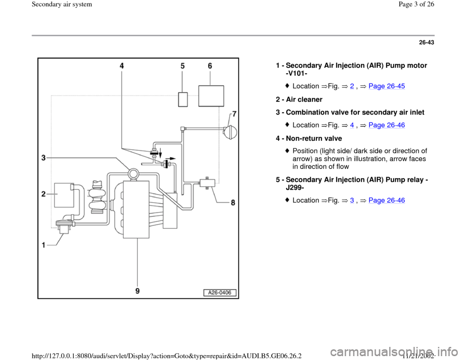 AUDI A4 1997 B5 / 1.G AWM Engine Secondary Air System Workshop Manual 26-43
 
  
1 - 
Secondary Air Injection (AIR) Pump motor 
-V101- 
Location Fig.  2
 ,   Page 26
-45
2 - 
Air cleaner 
3 - 
Combination valve for secondary air inlet 
Location Fig.  4
 ,   Page 26
-46

