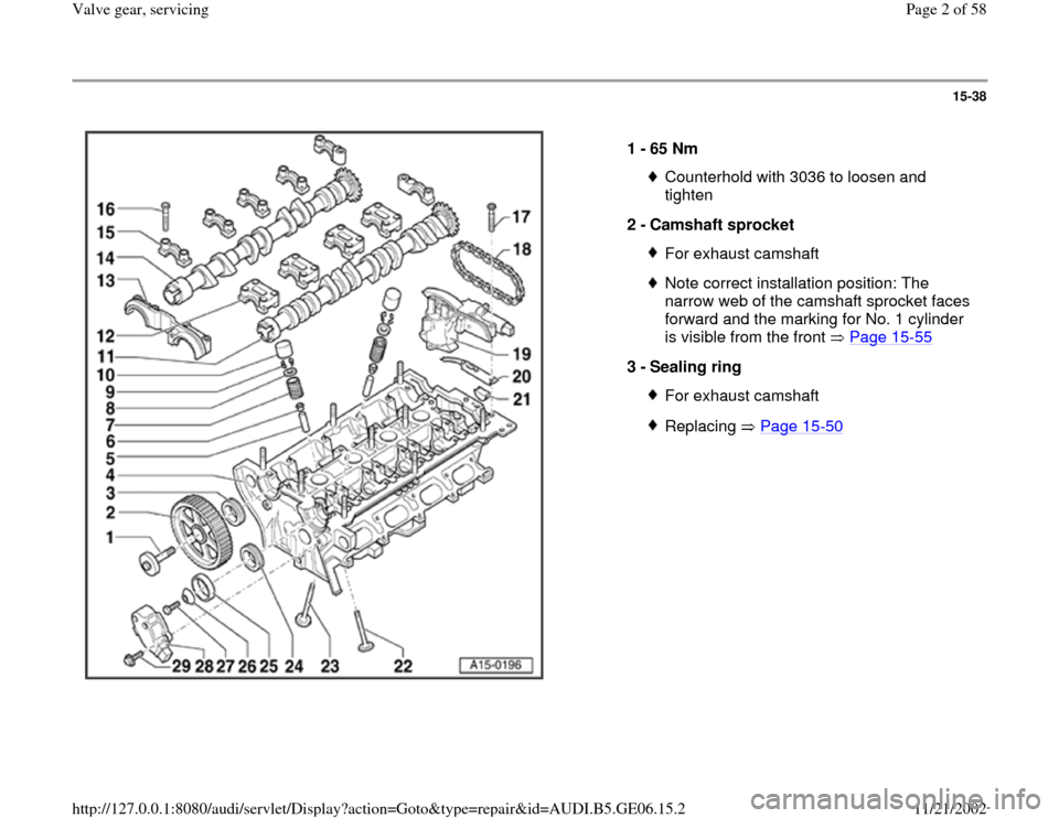 AUDI A4 1997 B5 / 1.G AWM Engine Valve Gear Service Workshop Manual 15-38
 
  
1 - 
65 Nm 
Counterhold with 3036 to loosen and 
tighten 
2 - 
Camshaft sprocket For exhaust camshaftNote correct installation position: The 
narrow web of the camshaft sprocket faces 
forw