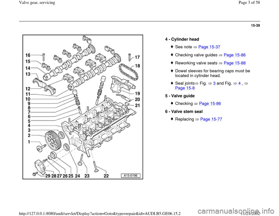 AUDI A4 1997 B5 / 1.G AWM Engine Valve Gear Service Workshop Manual 15-39
 
  
4 - 
Cylinder head 
See note   Page 15
-37
Checking valve guides   Page 15
-86
Reworking valve seats   Page 15
-88
Dowel sleeves for bearing caps must be 
located in cylinder head. Seal joi