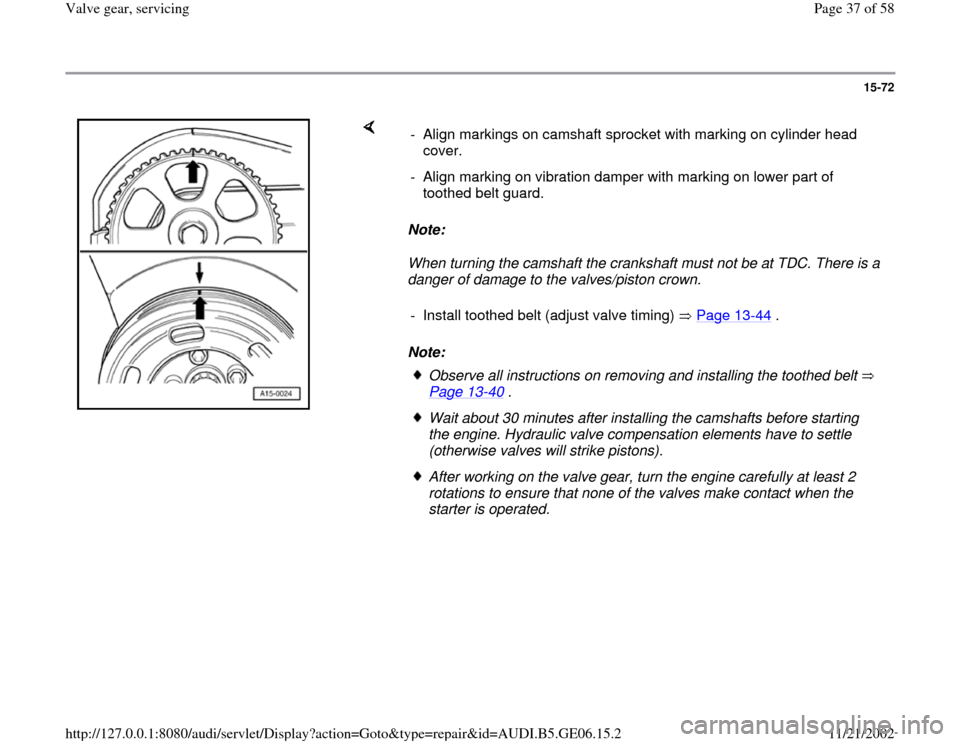 AUDI A4 1997 B5 / 1.G AWM Engine Valve Gear Service Workshop Manual 15-72
 
    
Note:  
When turning the camshaft the crankshaft must not be at TDC. There is a 
danger of damage to the valves/piston crown. 
Note:  -  Align markings on camshaft sprocket with marking o
