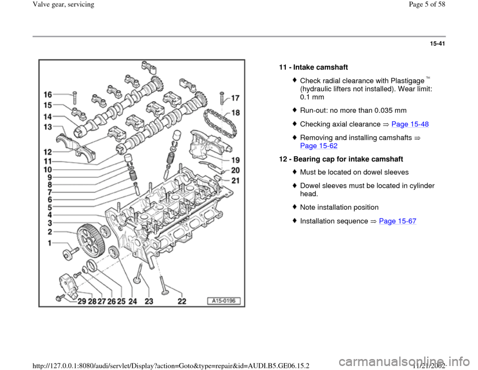 AUDI A4 1997 B5 / 1.G AWM Engine Valve Gear Service Workshop Manual 15-41
 
  
11 - 
Intake camshaft 
Check radial clearance with Plastigage  
(hydraulic lifters not installed). Wear limit: 
0.1 mm Run-out: no more than 0.035 mmChecking axial clearance   Page 15
-48
R