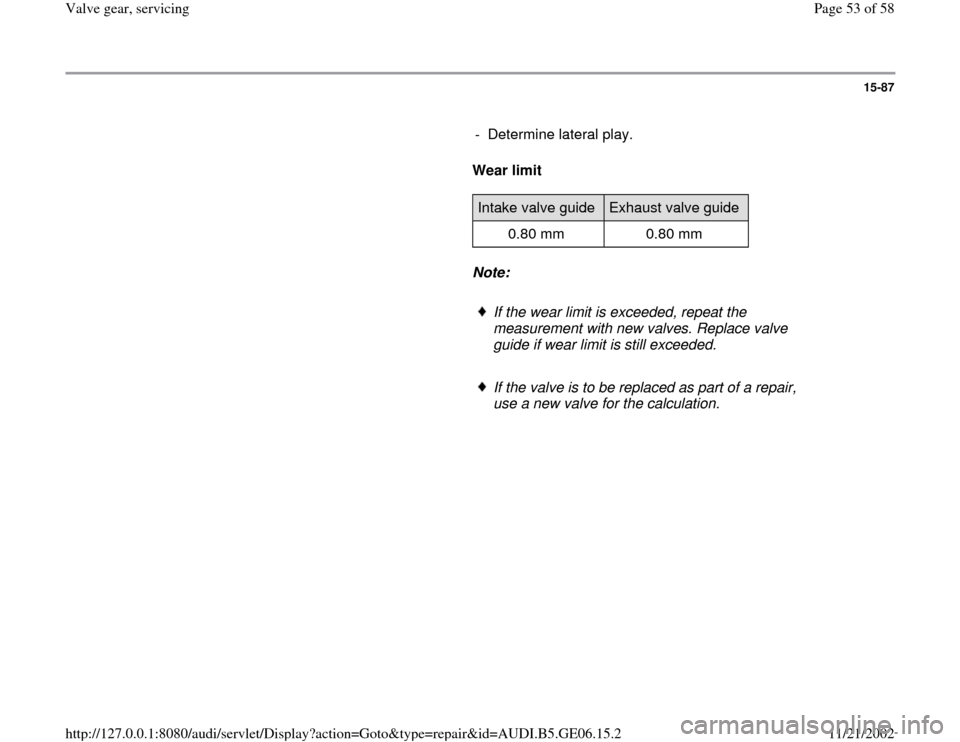 AUDI A4 1997 B5 / 1.G AWM Engine Valve Gear Service Workshop Manual 15-87
      
-  Determine lateral play.
     
Wear limit  
     
Intake valve guide  
Exhaust valve guide  
0.80 mm   0.80 mm  
     
Note:  
     
If the wear limit is exceeded, repeat the 
measureme