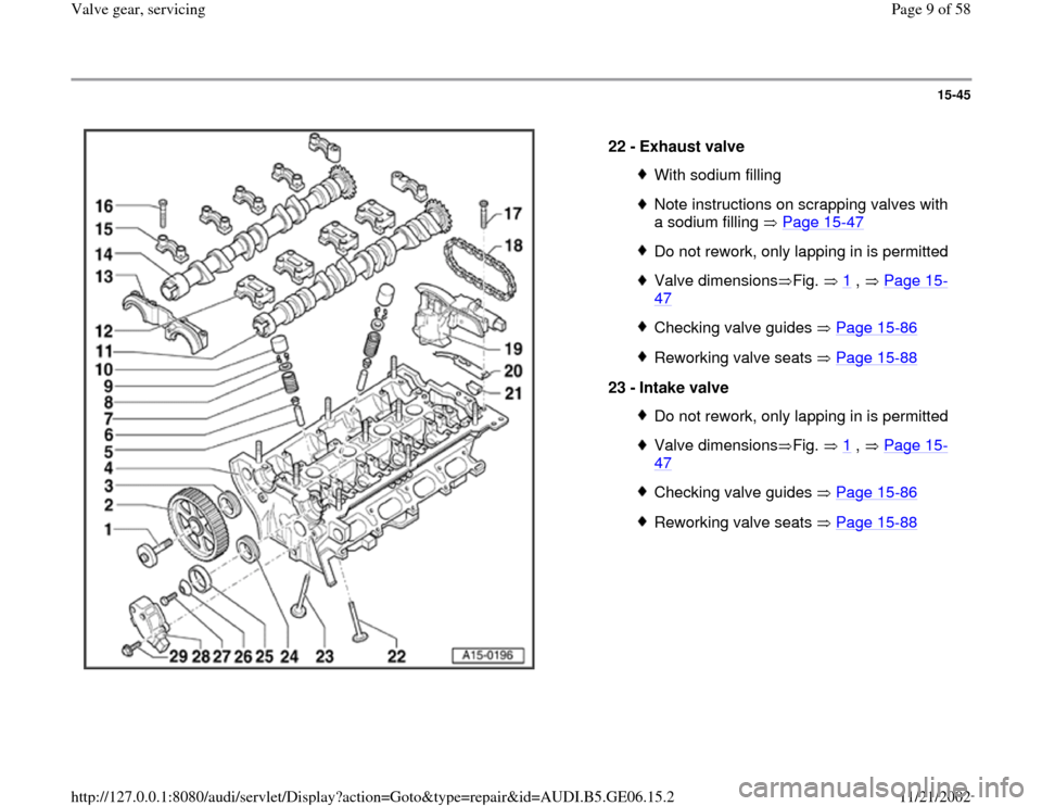 AUDI A4 1997 B5 / 1.G AWM Engine Valve Gear Service Workshop Manual 15-45
 
  
22 - 
Exhaust valve 
With sodium fillingNote instructions on scrapping valves with 
a sodium filling   Page 15
-47
 
Do not rework, only lapping in is permittedValve dimensions Fig.   1
 , 