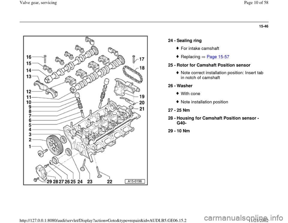 AUDI A4 1998 B5 / 1.G AWM Engine Valve Gear Service Workshop Manual 15-46
 
  
24 - 
Sealing ring 
For intake camshaftReplacing  Page 15
-57
25 - 
Rotor for Camshaft Position sensor 
Note correct installation position: Insert tab 
in notch of camshaft 
26 - 
Washer Wi