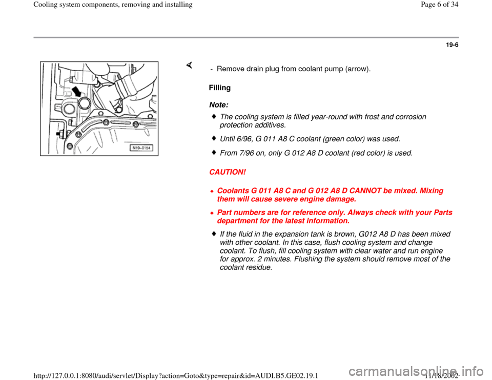 AUDI A4 1997 B5 / 1.G AEB ATW Engines Cooling System Components Workshop Manual 19-6
 
    
Filling  
Note: 
CAUTION!  -  Remove drain plug from coolant pump (arrow).
The cooling system is filled year-round with frost and corrosion 
protection additives. Until 6/96, G 011 A8 C co