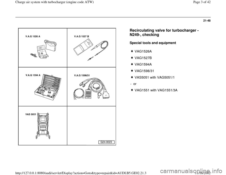 AUDI A4 1997 B5 / 1.G AEB ATW Engines Charge Air System With Turbocharger Workshop Manual 21-48
 
  
Recirculating valve for turbocharger -
N249-, checking
 
Special tools and equipment  
 
VAG1526A
 VAG1527B
 VAG1594A
 VAG1598/31
 VAS5051 with VAG5051/1
- or 
 VAG1551 with VAG1551/3A
Pa
g
