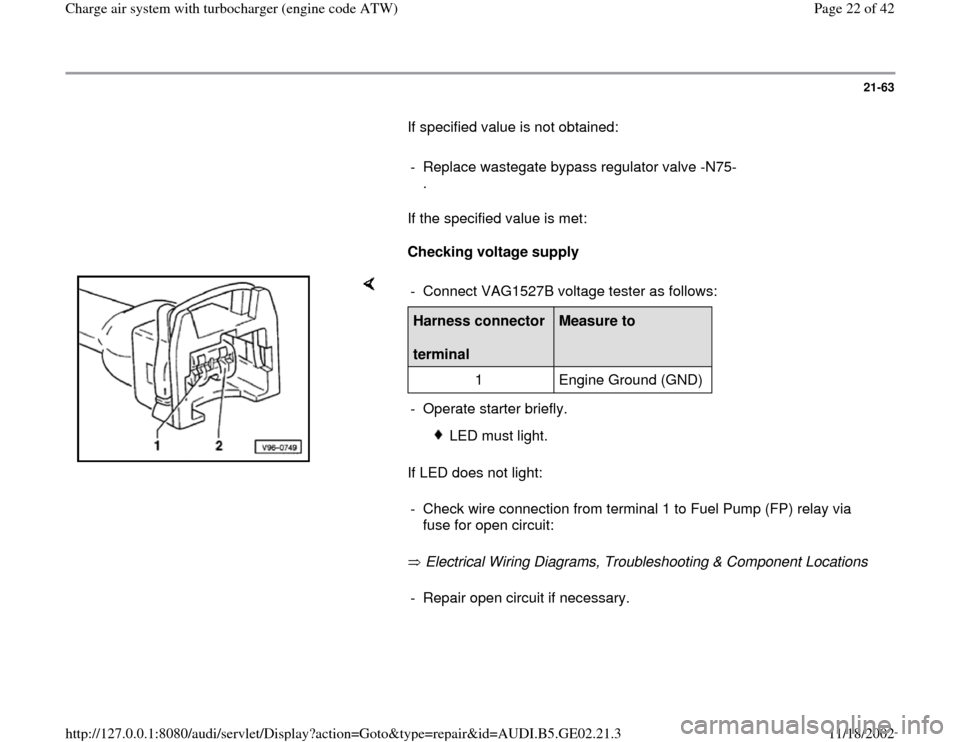 AUDI TT 1998 8N / 1.G AEB ATW Engines Charge Air System With Turbocharger Workshop Manual 21-63
       If specified value is not obtained:  
     
-  Replace wastegate bypass regulator valve -N75-
. 
      If the specified value is met:  
     
Checking voltage supply  
    
If LED does no