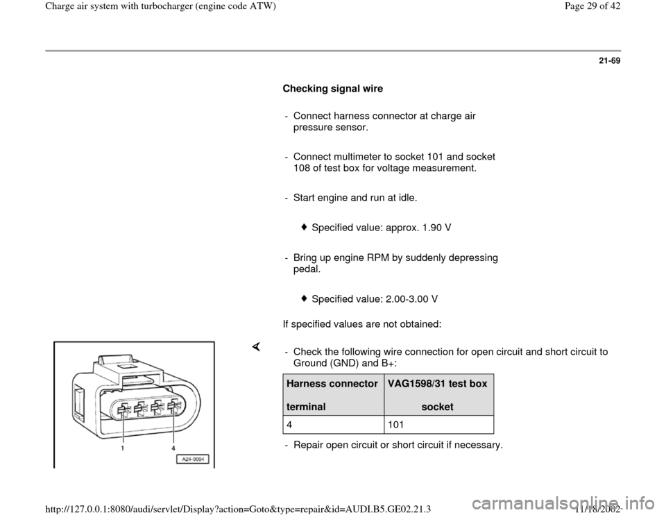 AUDI A4 1997 B5 / 1.G AEB ATW Engines Charge Air System With Turbocharger Workshop Manual 21-69
      
Checking signal wire  
     
-  Connect harness connector at charge air 
pressure sensor. 
     
-  Connect multimeter to socket 101 and socket 
108 of test box for voltage measurement. 
