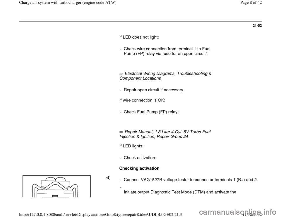 AUDI A4 1997 B5 / 1.G AEB ATW Engines Charge Air System With Turbocharger Workshop Manual 21-52
       If LED does not light:  
     
-  Check wire connection from terminal 1 to Fuel 
Pump (FP) relay via fuse for an open circuit": 
     
       Electrical Wiring Diagrams, Troubleshooting &