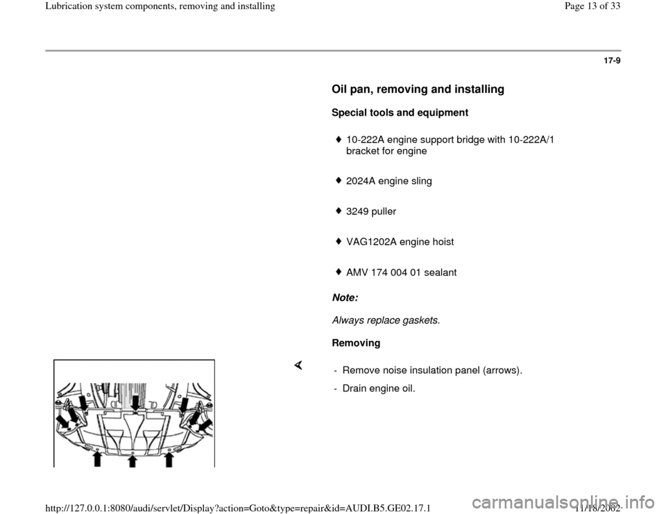 AUDI A4 1995 B5 / 1.G AEB ATW Engines Lubrication System Components Workshop Manual 17-9
      
Oil pan, removing and installing
 
     
Special tools and equipment  
     
10-222A engine support bridge with 10-222A/1 
bracket for engine 
     2024A engine sling
     3249 puller 
   