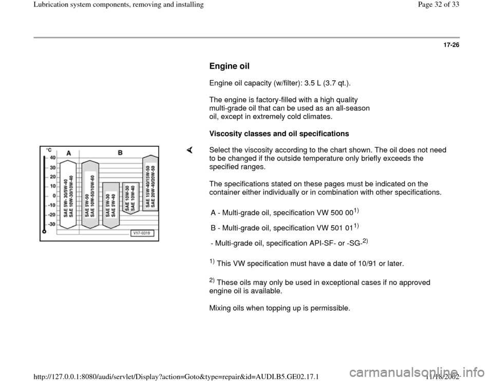 AUDI A4 1997 B5 / 1.G AEB ATW Engines Lubrication System Components Workshop Manual 17-26
      
Engine oil
 
      Engine oil capacity (w/filter): 3.5 L (3.7 qt.).  
      The engine is factory-filled with a high quality 
multi-grade oil that can be used as an all-season 
oil, excep