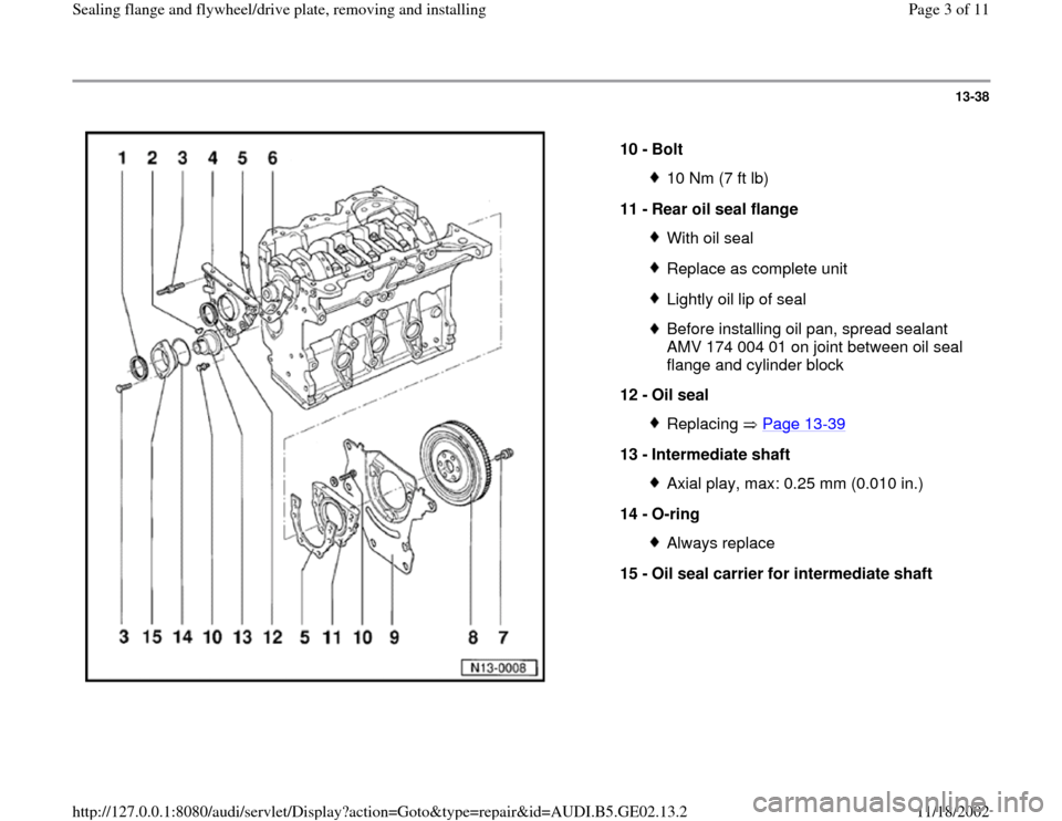 AUDI A6 1995 C5 / 2.G AEB ATW Engines Sealing Flanges And Flywheel Driveplate Workshop Manual 13-38
 
  
10 - 
Bolt 
10 Nm (7 ft lb)
11 - 
Rear oil seal flange With oil sealReplace as complete unitLightly oil lip of sealBefore installing oil pan, spread sealant 
AMV 174 004 01 on joint between