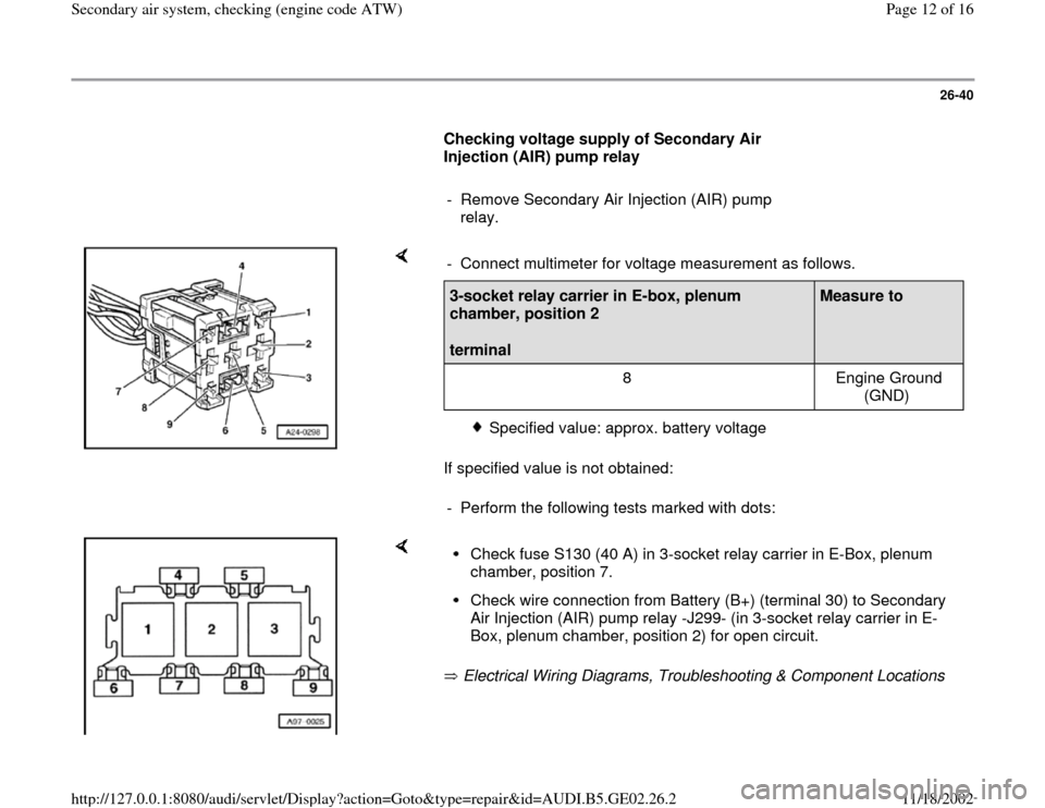 AUDI TT 2000 8N / 1.G AEB ATW Engines Secondary Air System Workshop Manual 26-40
      
Checking voltage supply of Secondary Air 
Injection (AIR) pump relay  
     
-  Remove Secondary Air Injection (AIR) pump 
relay. 
    
If specified value is not obtained:  -  Connect mul