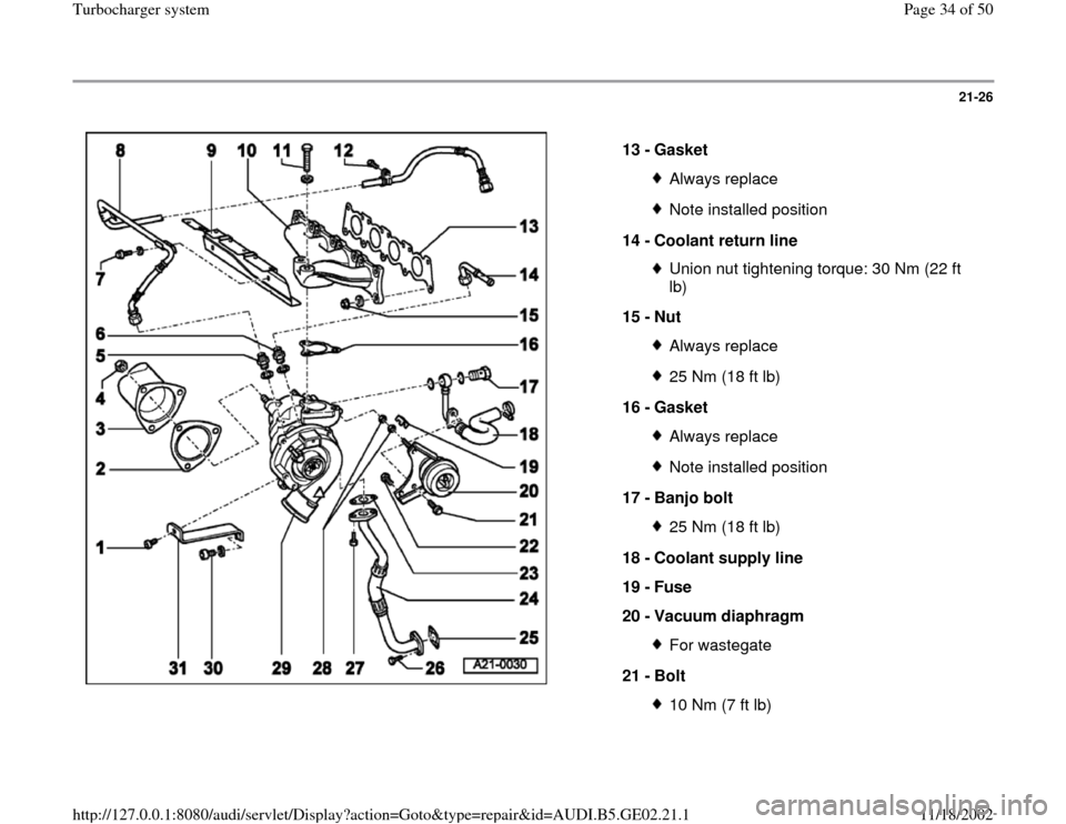 AUDI TT 1998 8N / 1.G AEB ATW Engines Turbocharger System Workshop Manual 21-26
 
  
13 - 
Gasket 
Always replaceNote installed position
14 - 
Coolant return line Union nut tightening torque: 30 Nm (22 ft 
lb) 
15 - 
Nut Always replace25 Nm (18 ft lb)
16 - 
Gasket Always re