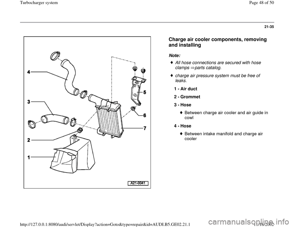 AUDI A3 1995 8L / 1.G AEB ATW Engines Turbocharger System Workshop Manual 21-35
 
  
Charge air cooler components, removing 
and installing
 
Note: 
 
All hose connections are secured with hose 
clamps parts catalog.  charge air pressure system must be free of 
leaks. 
1 - 