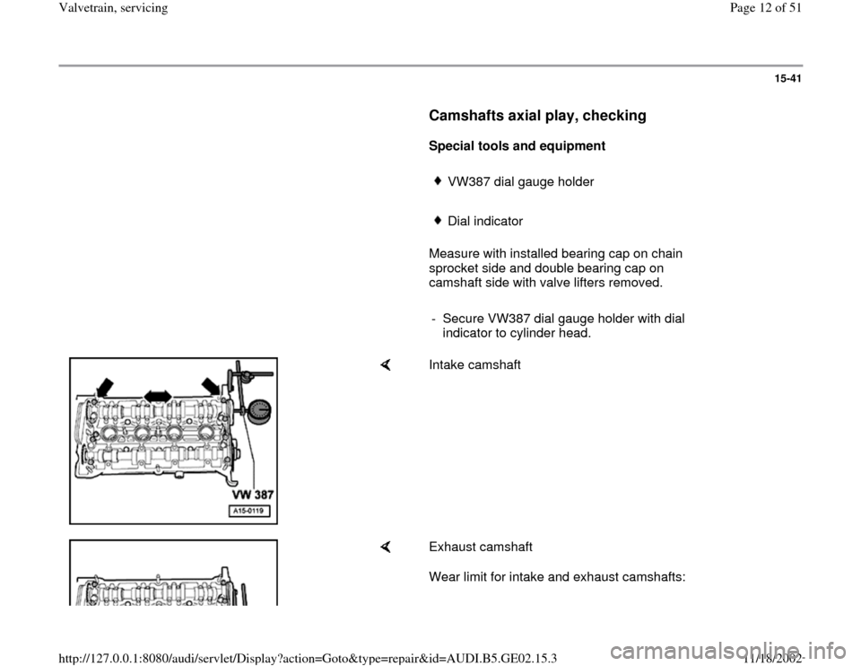 AUDI A4 1997 B5 / 1.G AEB ATW Engines Valvetrain Servicing Workshop Manual 15-41
      
Camshafts axial play, checking
 
     
Special tools and equipment  
     
VW387 dial gauge holder
     Dial indicator 
      Measure with installed bearing cap on chain 
sprocket side an