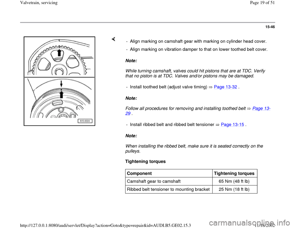 AUDI A6 1999 C5 / 2.G AEB ATW Engines Valvetrain Servicing Workshop Manual 15-46
 
    
Note:  
While turning camshaft, valves could hit pistons that are at TDC. Verify 
that no piston is at TDC. Valves and/or pistons may be damaged. 
Note:  
Follow all procedures for removi