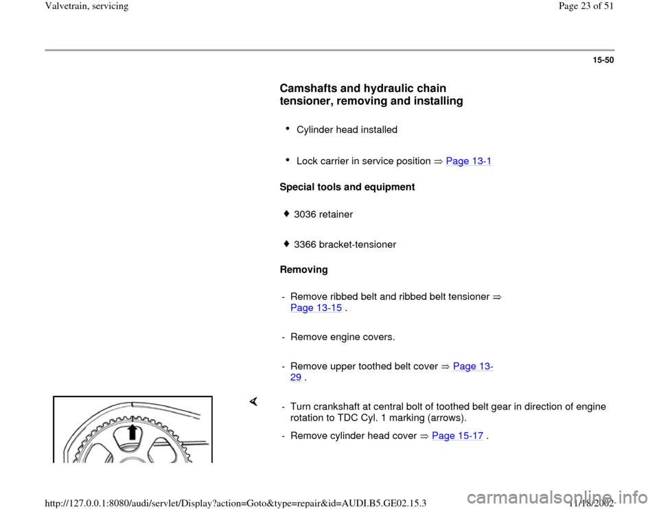 AUDI A6 1999 C5 / 2.G AEB ATW Engines Valvetrain Servicing Workshop Manual 15-50
      
Camshafts and hydraulic chain 
tensioner, removing and installing
 
     
Cylinder head installed 
     Lock carrier in service position   Page 13
-1 
     
Special tools and equipment  
