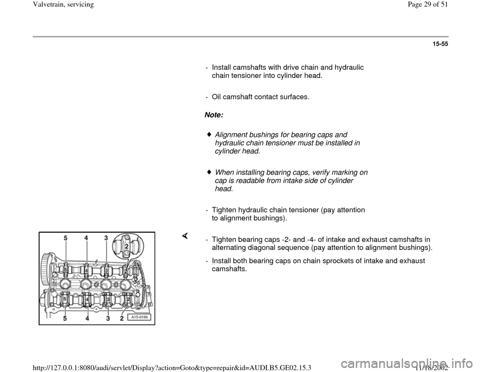 AUDI A4 1997 B5 / 1.G AEB ATW Engines Valvetrain Servicing Workshop Manual 15-55
      
-  Install camshafts with drive chain and hydraulic 
chain tensioner into cylinder head. 
     
-  Oil camshaft contact surfaces.
     
Note:  
     
Alignment bushings for bearing caps a