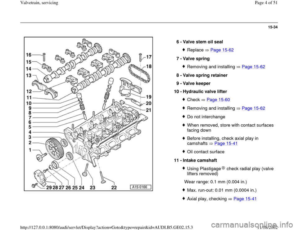 AUDI A4 1997 B5 / 1.G AEB ATW Engines Valvetrain Servicing Workshop Manual 15-34
 
  
6 - 
Valve stem oil seal 
Replace  Page 15
-62
7 - 
Valve spring 
Removing and installing   Page 15
-62
8 - 
Valve spring retainer 
9 - 
Valve keeper 
10 - 
Hydraulic valve lifter 
Check  P