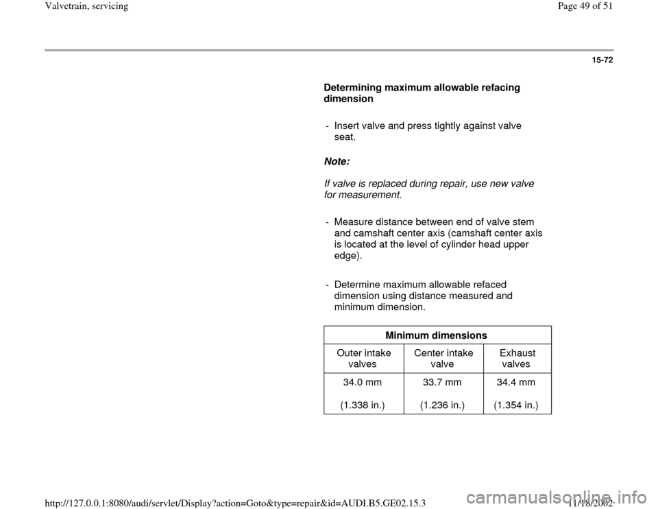 AUDI A4 1996 B5 / 1.G AEB ATW Engines Valvetrain Servicing Workshop Manual 15-72
      
Determining maximum allowable refacing 
dimension  
     
-  Insert valve and press tightly against valve 
seat. 
     
Note:  
     If valve is replaced during repair, use new valve 
for