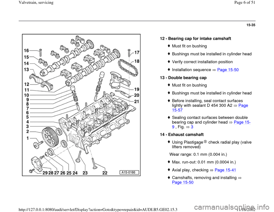 AUDI A4 1997 B5 / 1.G AEB ATW Engines Valvetrain Servicing Workshop Manual 15-35
 
  
12 - 
Bearing cap for intake camshaft 
Must fit on bushingBushings must be installed in cylinder headVerify correct installation positionInstallation sequence   Page 15
-50
13 - 
Double bea