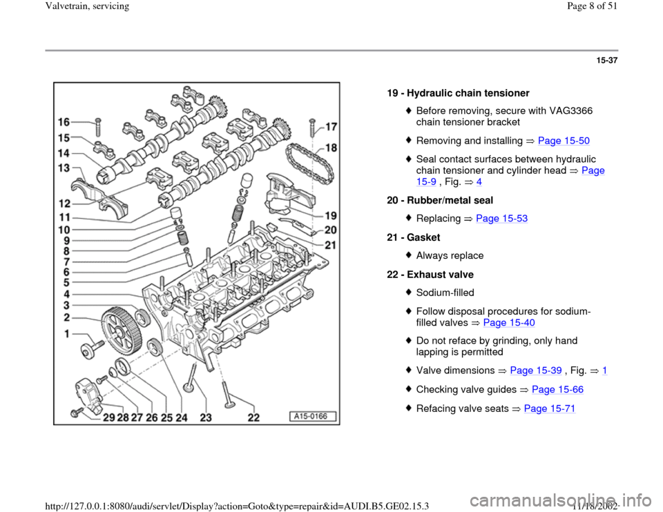 AUDI A4 1997 B5 / 1.G AEB ATW Engines Valvetrain Servicing Workshop Manual 15-37
 
  
19 - 
Hydraulic chain tensioner 
Before removing, secure with VAG3366 
chain tensioner bracket Removing and installing   Page 15
-50
Seal contact surfaces between hydraulic 
chain tensioner