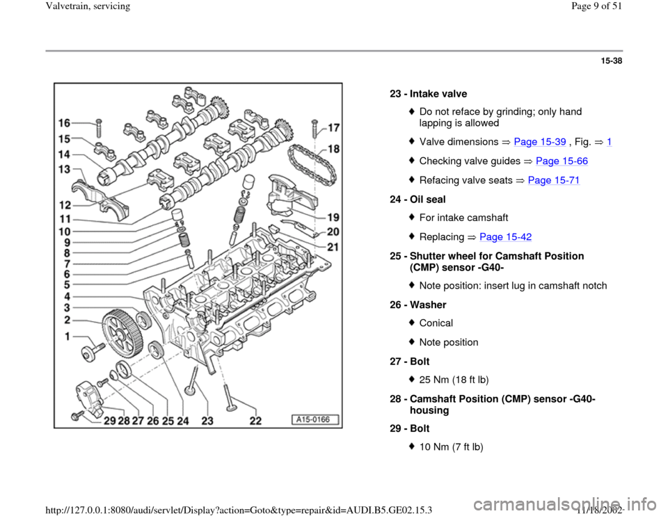 AUDI A4 1995 B5 / 1.G AEB ATW Engines Valvetrain Servicing Workshop Manual 15-38
 
  
23 - 
Intake valve 
Do not reface by grinding; only hand 
lapping is allowed Valve dimensions   Page 15
-39
 , Fig.   1
Checking valve guides   Page 15
-66
Refacing valve seats   Page 15
-7
