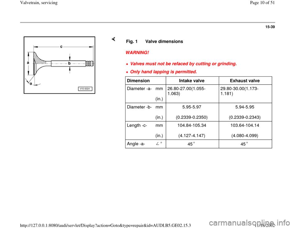 AUDI A4 1997 B5 / 1.G AEB ATW Engines Valvetrain Servicing Workshop Manual 15-39
 
    
WARNING!  Fig. 1  Valve dimensions
Valves must not be refaced by cutting or grinding.Only hand lapping is permitted.Dimension  
Intake valve  
Exhaust valve  
Diameter -a-
  mm  
(in.)  2