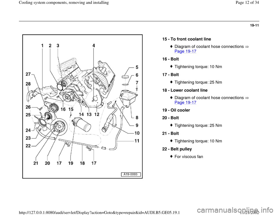 AUDI A4 1998 B5 / 1.G APB Engine Cooling System Components 19-11
 
  
15 - 
To front coolant line 
Diagram of coolant hose connections   
Page 19
-17
 
16 - 
Bolt 
Tightening torque: 10 Nm
17 - 
Bolt Tightening torque: 25 Nm
18 - 
Lower coolant line Diagram o
