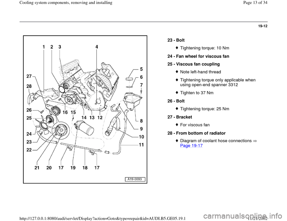 AUDI A4 1998 B5 / 1.G APB Engine Cooling System Components 19-12
 
  
23 - 
Bolt 
Tightening torque: 10 Nm
24 - 
Fan wheel for viscous fan 
25 - 
Viscous fan coupling Note left-hand threadTightening torque only applicable when 
using open-end spanner 3312 Tig