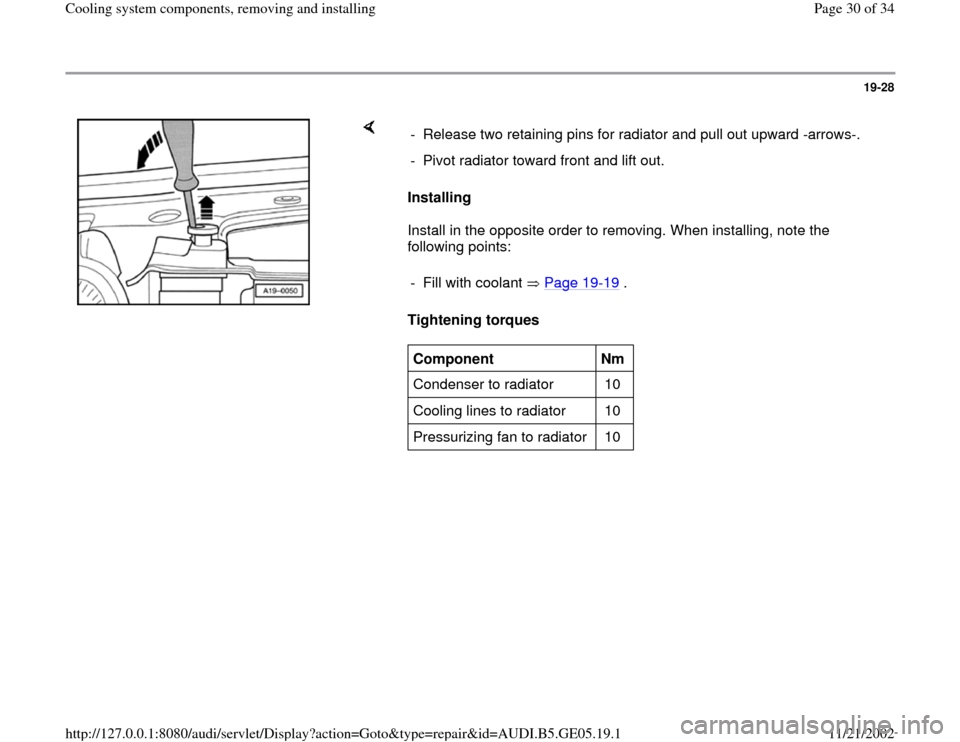 AUDI A4 1998 B5 / 1.G APB Engine Cooling System Components 19-28
 
    
Installing  
Install in the opposite order to removing. When installing, note the 
following points:  
Tightening torques   -  Release two retaining pins for radiator and pull out upward 