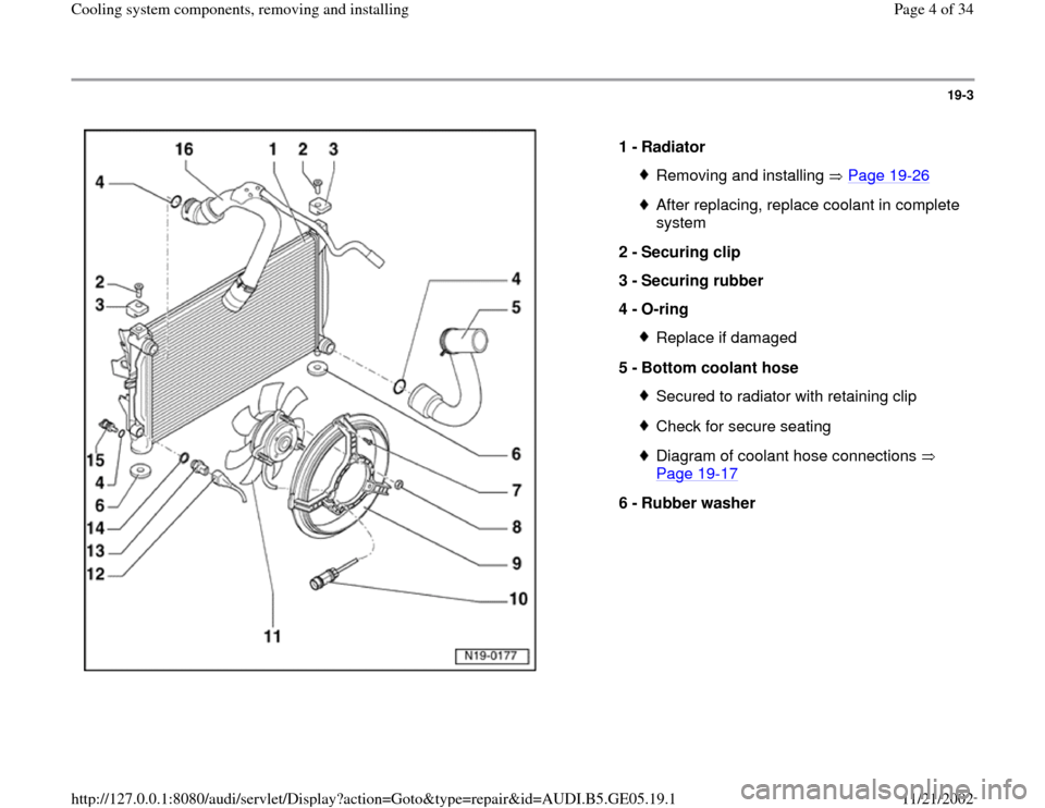 AUDI A4 1998 B5 / 1.G APB Engine Cooling System Components 19-3
 
  
1 - 
Radiator 
Removing and installing   Page 19
-26
After replacing, replace coolant in complete 
system 
2 - 
Securing clip 
3 - 
Securing rubber 
4 - 
O-ring Replace if damaged
5 - 
Botto