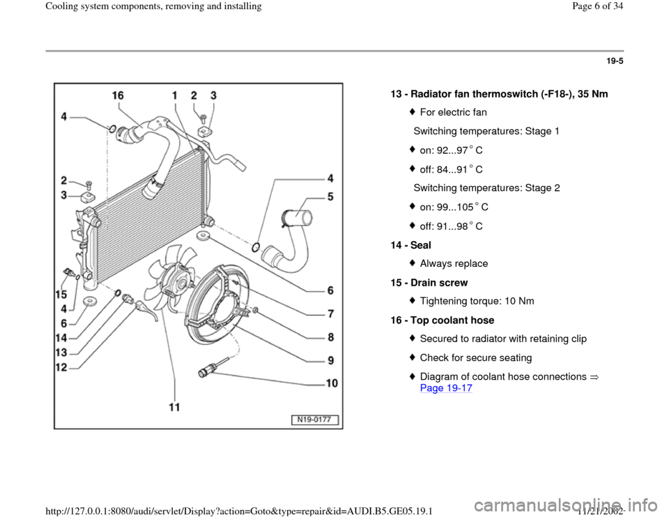 AUDI A4 1998 B5 / 1.G APB Engine Cooling System Components 19-5
 
  
13 - 
Radiator fan thermoswitch (-F18-), 35 Nm 
For electric fan
  Switching temperatures: Stage 1on: 92...97 Coff: 84...91 C
  Switching temperatures: Stage 2
on: 99...105 Coff: 91...98 C
1
