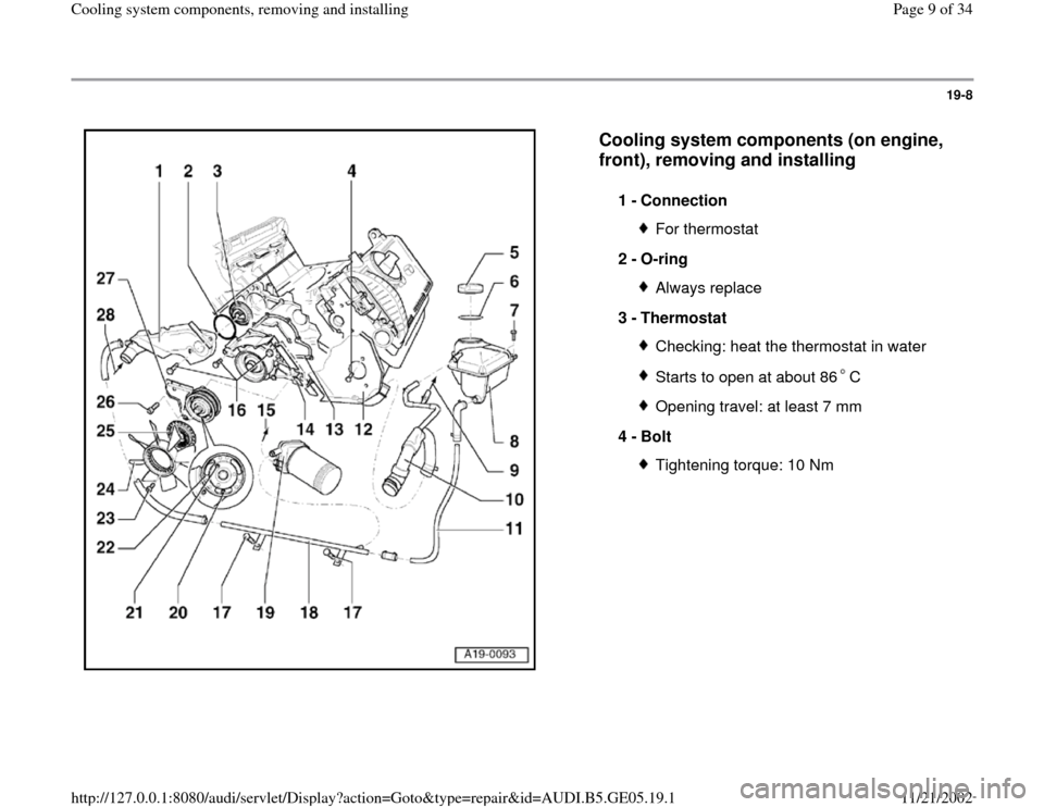 AUDI A4 1998 B5 / 1.G APB Engine Cooling System Components 19-8
 
  
Cooling system components (on engine, 
front), removing and installing
 
1 - 
Connection 
For thermostat
2 - 
O-ring Always replace
3 - 
Thermostat Checking: heat the thermostat in waterStar
