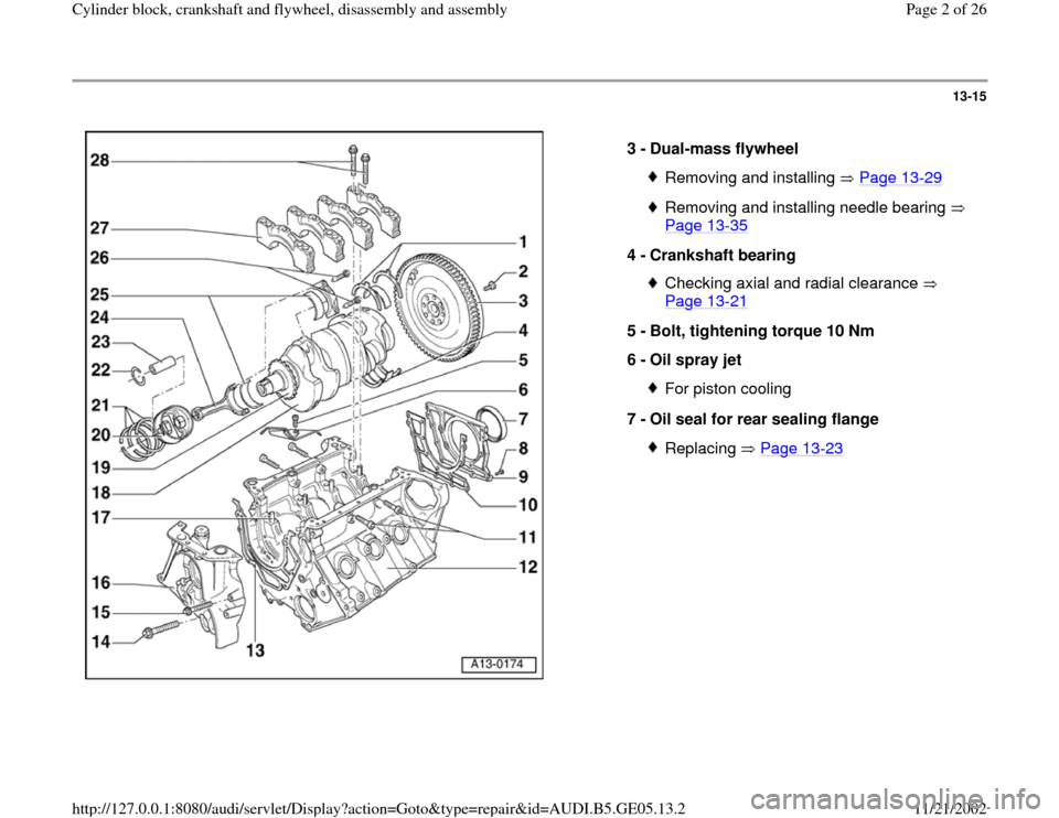 AUDI A4 1997 B5 / 1.G APB Engine Cylinder Block Crankshaft And Flywheel Assembly Manual 13-15
 
  
3 - 
Dual-mass flywheel 
Removing and installing   Page 13
-29
Removing and installing needle bearing   
Page 13
-35
 
4 - 
Crankshaft bearing 
Checking axial and radial clearance   
Page 1