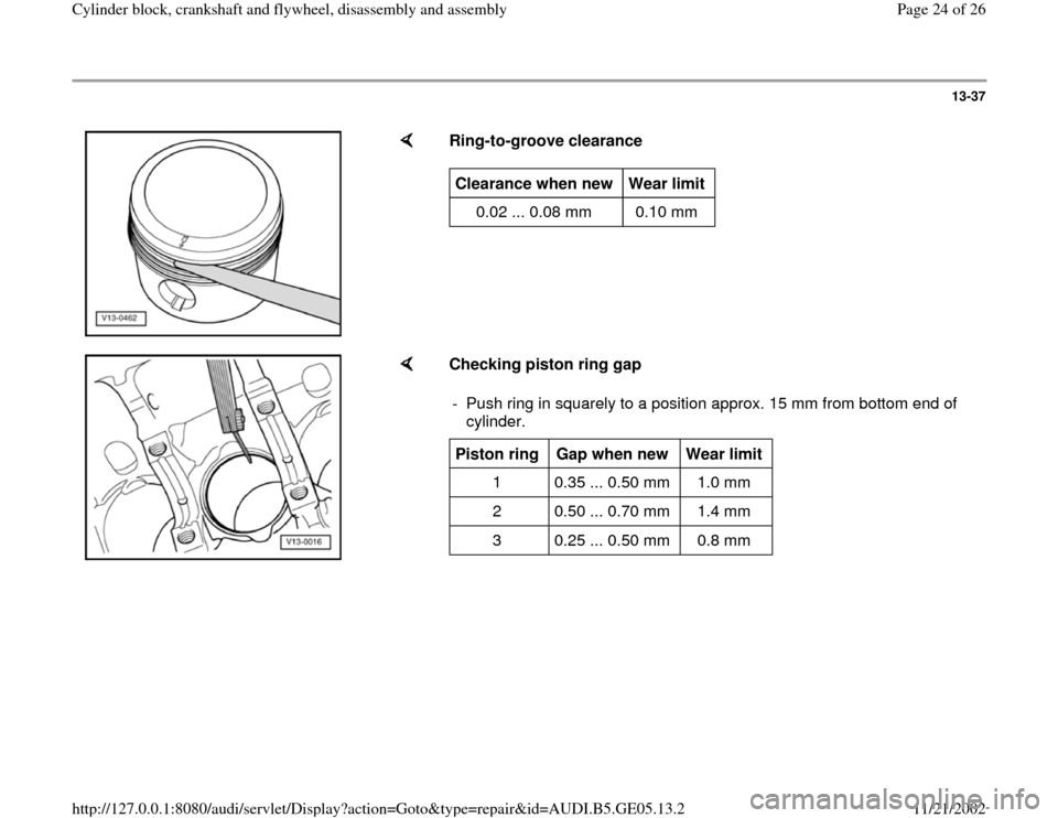 AUDI A4 1997 B5 / 1.G APB Engine Cylinder Block Crankshaft And Flywheel Assembly Manual 13-37
 
    
Ring-to-groove clearance  Clearance when new  
Wear limit  
0.02 ... 0.08 mm   0.10 mm  
    
Checking piston ring gap  
-  Push ring in squarely to a position approx. 15 mm from bottom e